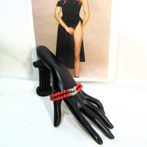 2 BRACELETS, RED NATURAL STONE WITH SILVER SIZE 7.5"